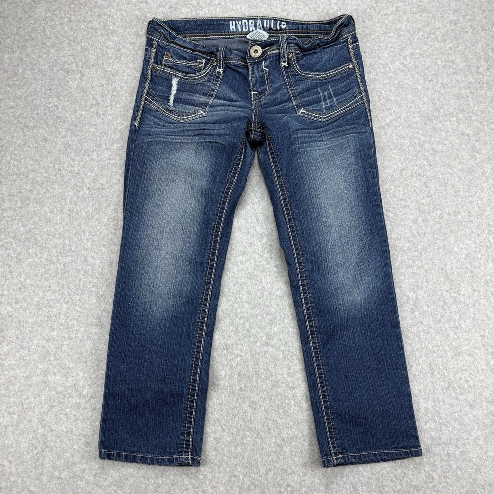 Hydraulic Jeans Women's 5/6 Blue Capri Embroidered Thick Stitch Stretch Hipster